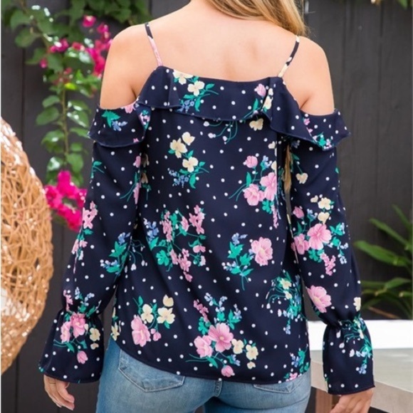 NEW COLD OFF SHOULDER POLKA DOT RUFFLE DETAIL SPAGHETTI‎ STRAP FLORAL NAVY TOP - Picture 9 of 10